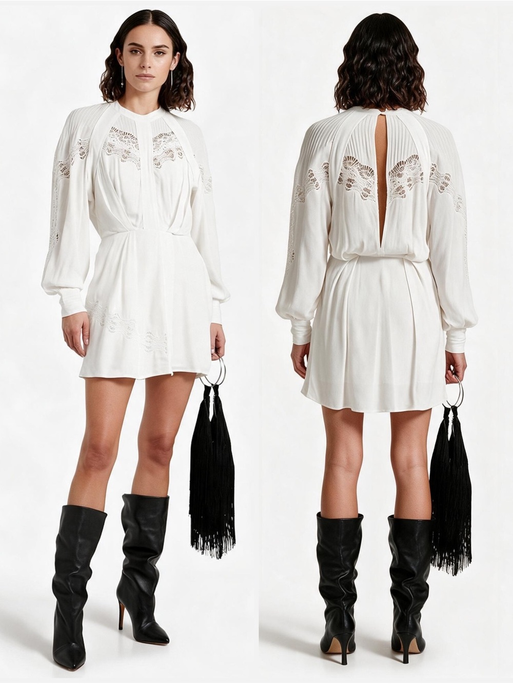 IRO Belinda Viscose Ecru White Lace-Inset Long-Sleeve Mini Dress NWT $495